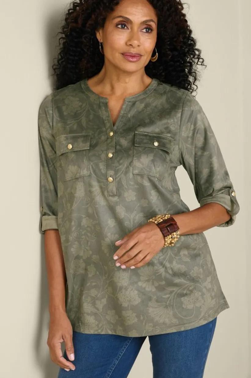 Soft Surroundings Charine Faux Suede Tunic FloralScarfGreen Flash Sale