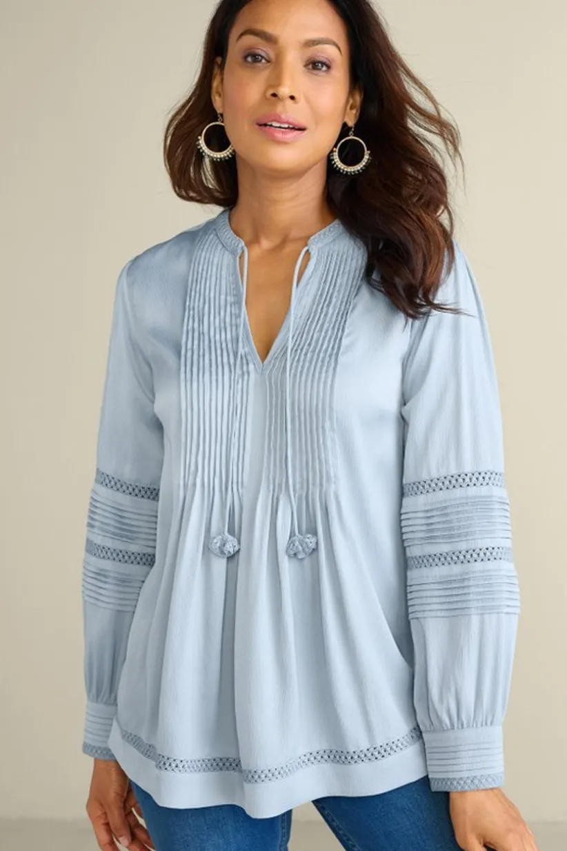 Soft Surroundings Connie Lace Trim Crepe Top BlueFog Flash Sale