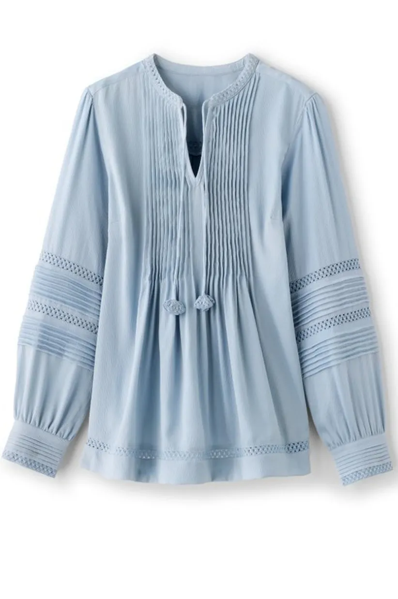 Soft Surroundings Connie Lace Trim Crepe Top BlueFog Flash Sale