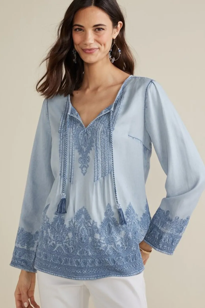 Soft Surroundings Emily Embroidered Tencel™ Top LightChambray Fashion