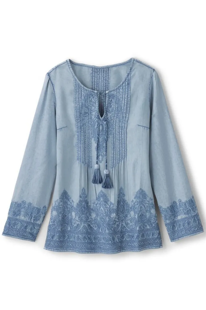 Soft Surroundings Emily Embroidered Tencel™ Top LightChambray Fashion