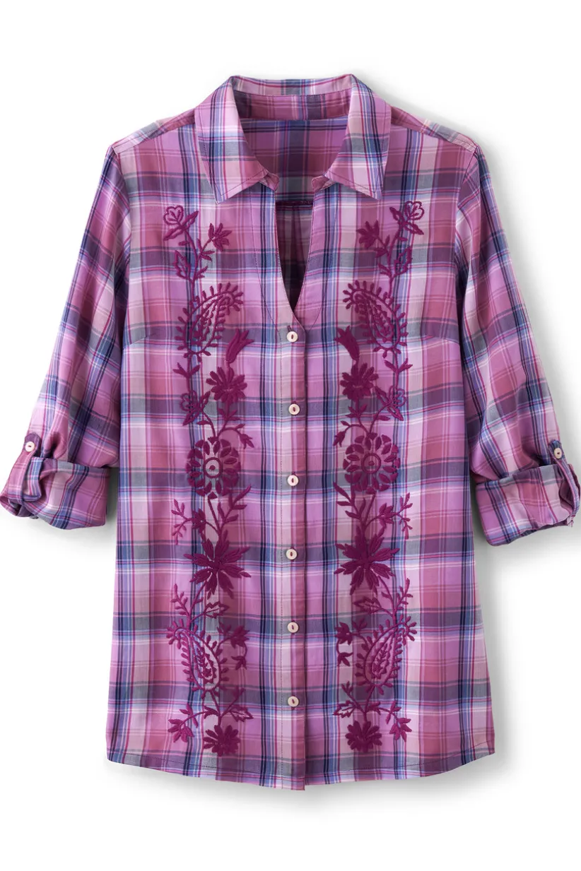 Soft Surroundings Gracie Embroidered Plaid Big Shirt BayAreaPlaid Best Sale