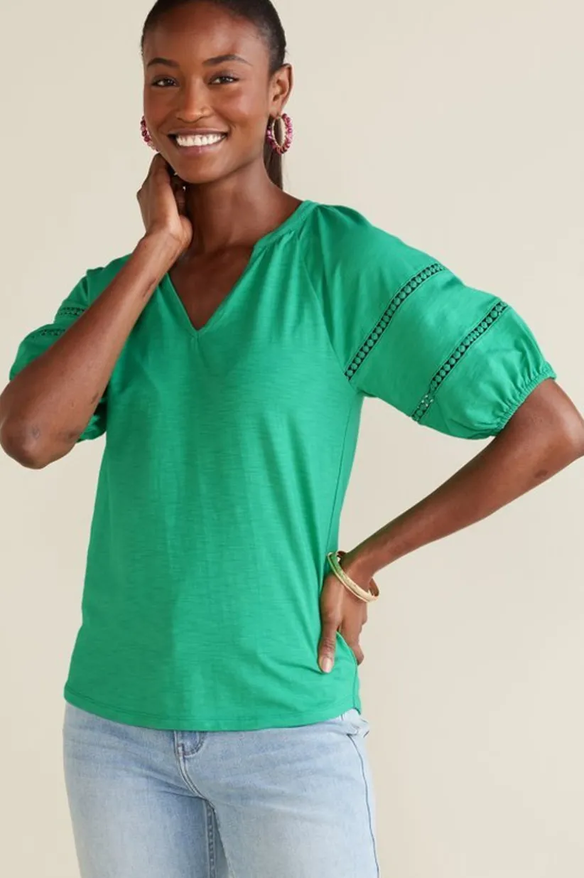 Soft Surroundings Heidi Supima Puff Sleeve Tee HollyGreen Clearance