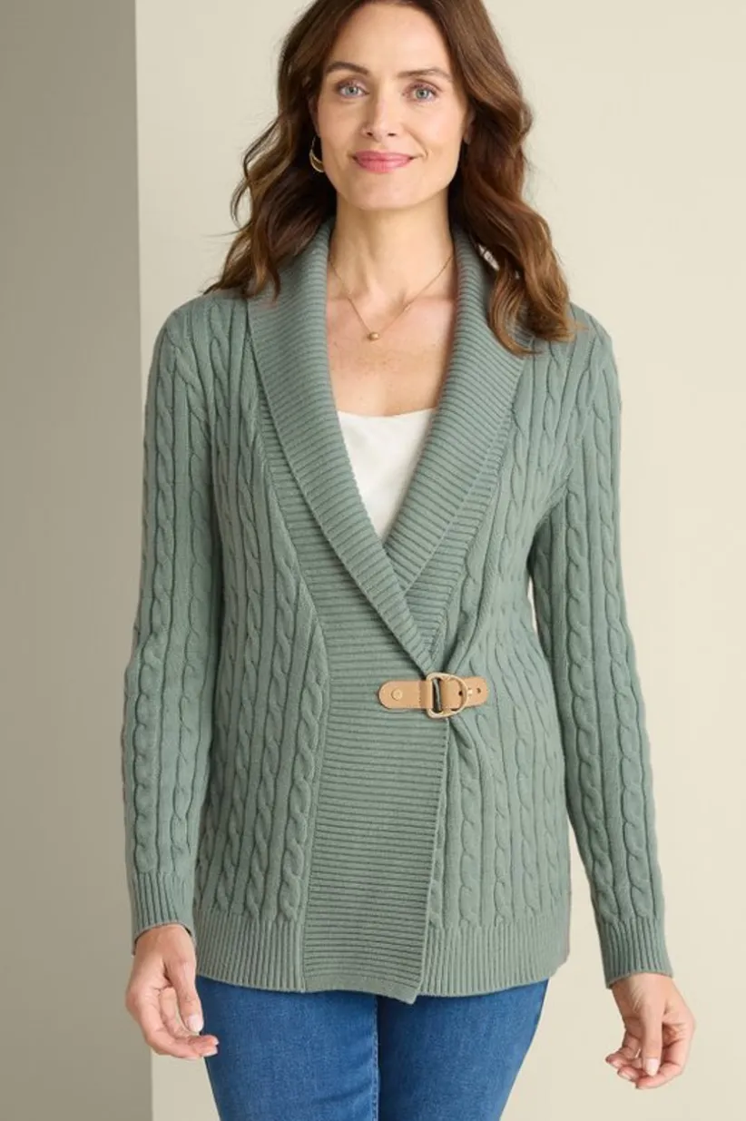Soft Surroundings Ivey Cable Knit Cardigan AgaveGreen Sale