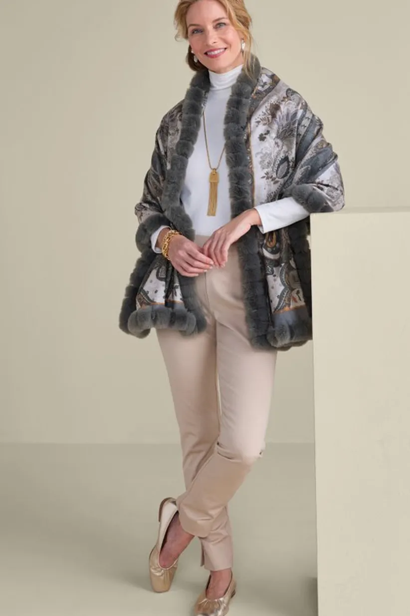 Soft Surroundings Katya Faux Fur Trim Wrap Scarf Gray Store