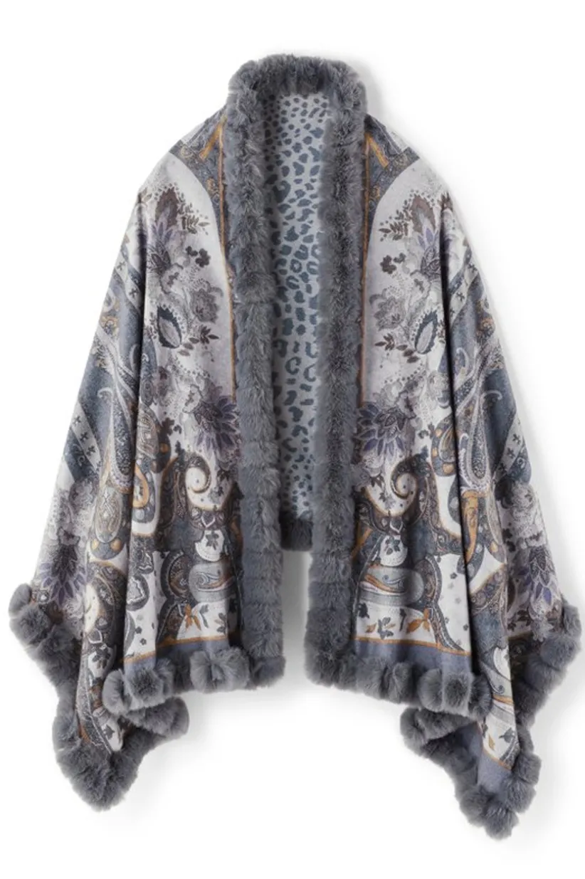 Soft Surroundings Katya Faux Fur Trim Wrap Scarf Gray Store