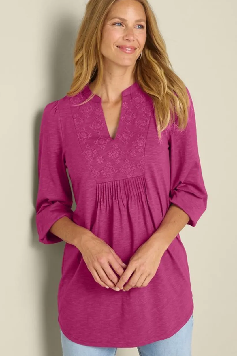 Soft Surroundings Mikaela Embroidered 3/4 Sleeve Tunic RaspberryRadiance Hot