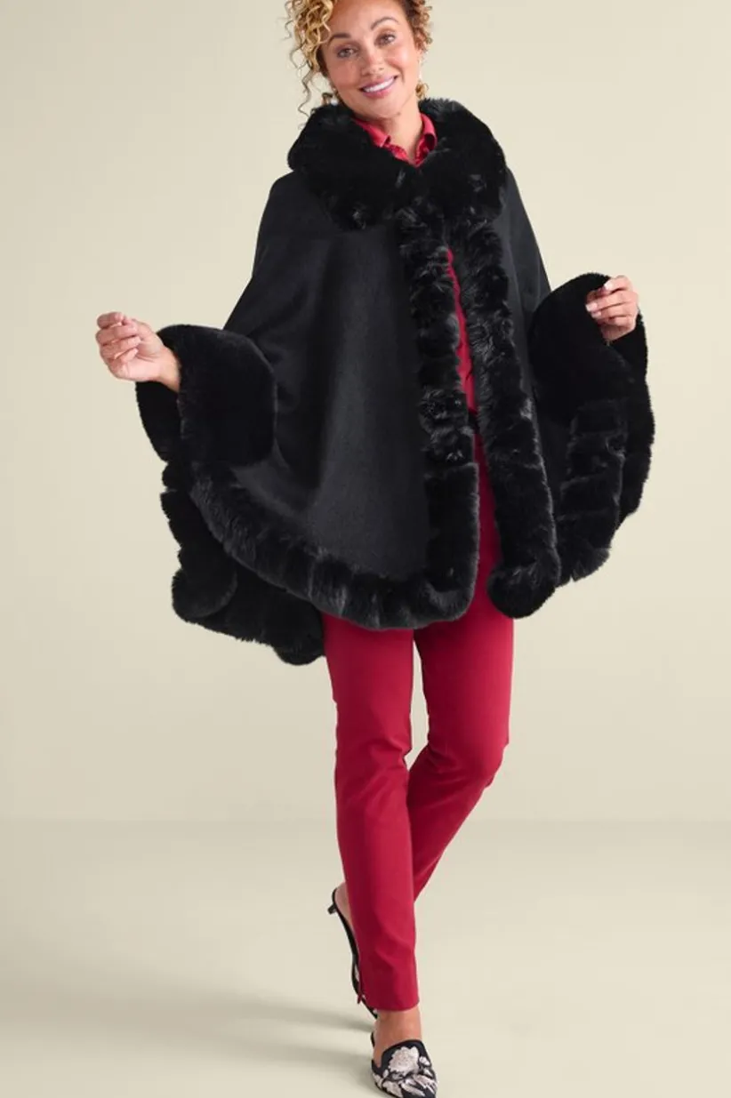 Soft Surroundings Mila Faux Fur Trim Cape Black Discount
