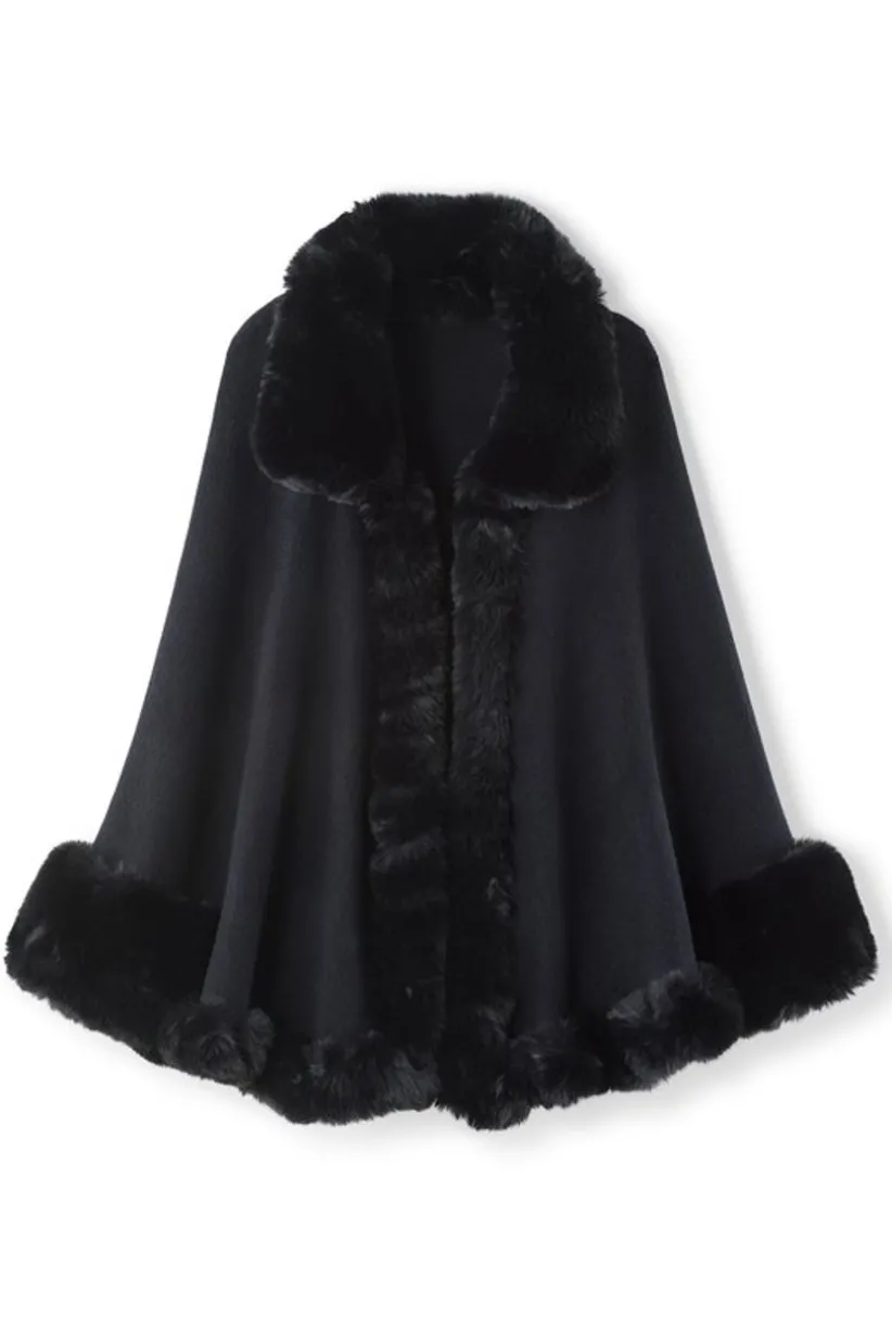 Soft Surroundings Mila Faux Fur Trim Cape Black Discount