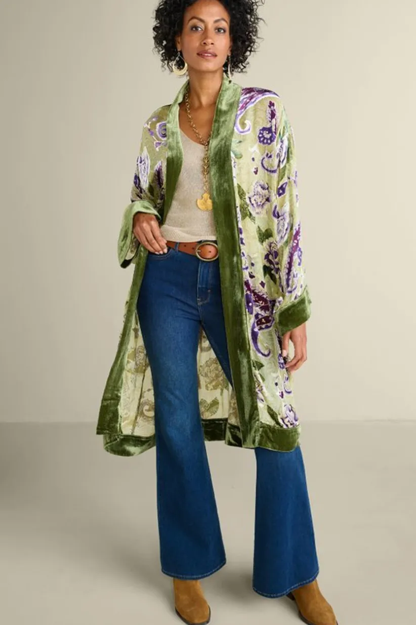 Soft Surroundings Nomi Silk Blend Velvet Kimono Purple/GreenPaisley Flash Sale