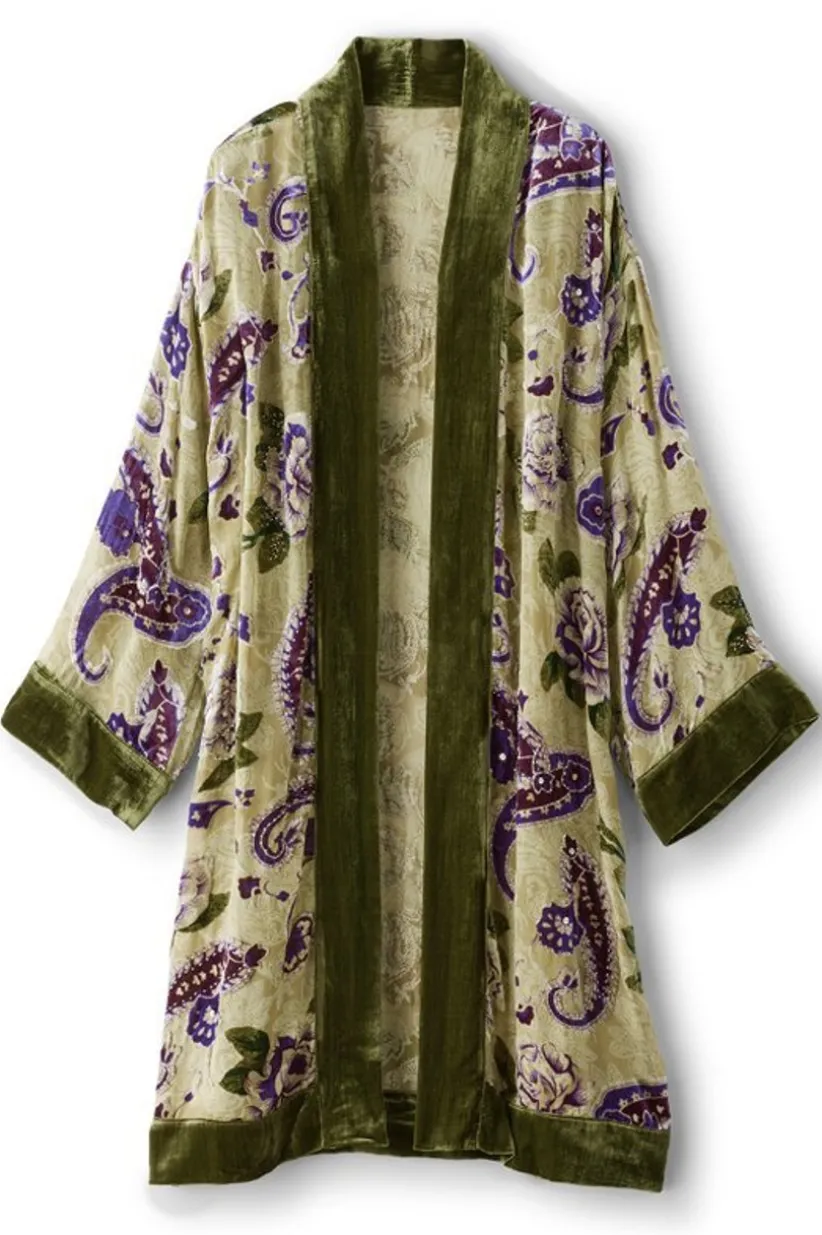 Soft Surroundings Nomi Silk Blend Velvet Kimono Purple/GreenPaisley Flash Sale