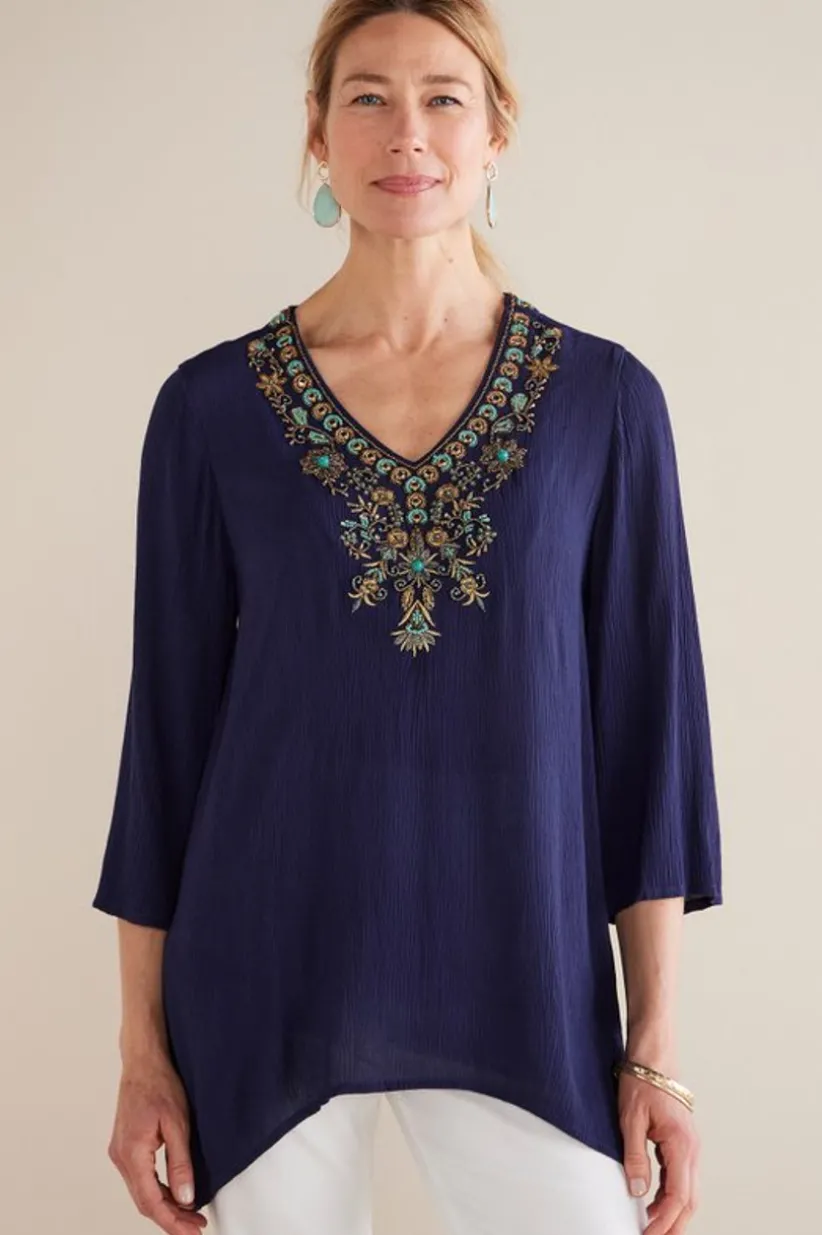 Soft Surroundings Paulina Gauze Pullover Navy Clearance