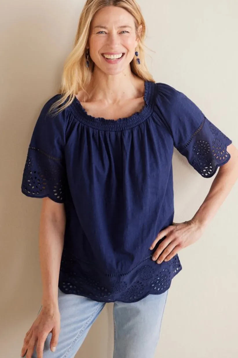Soft Surroundings Rahma Eyelet Trimmed Tee Navy Clearance