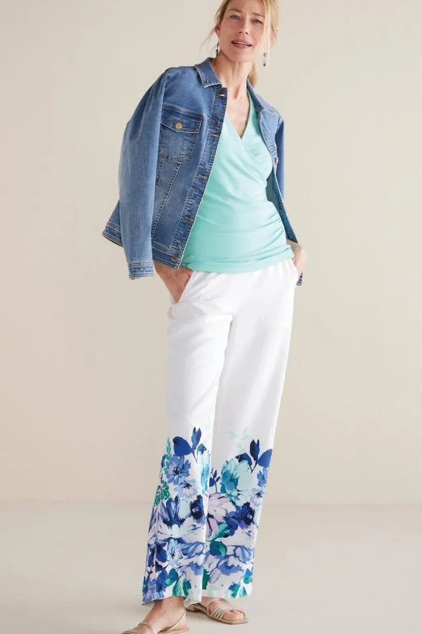 Soft Surroundings Ronna Linen Blend Wide Leg Pants WatercolorFloral Hot