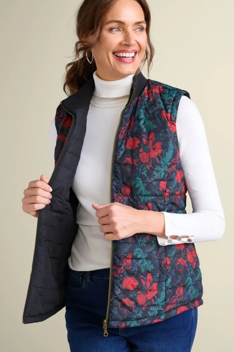 Soft Surroundings Sienna Reversible Puffer Vest WildflowerAntiqueBlack Store