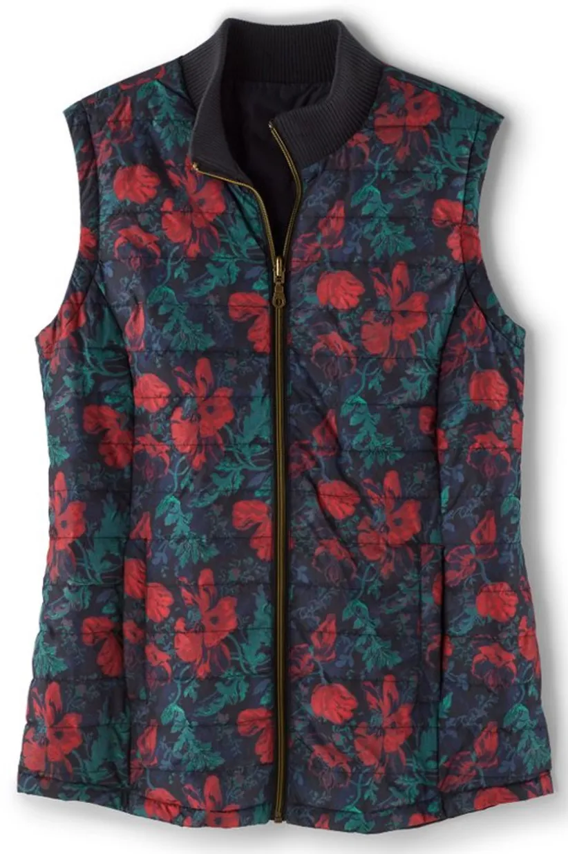 Soft Surroundings Sienna Reversible Puffer Vest WildflowerAntiqueBlack Store